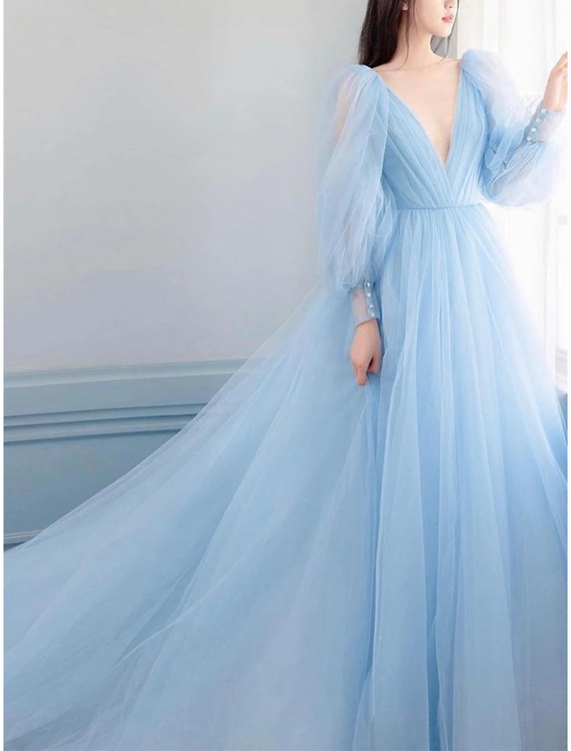 A-Line Prom Dresses Elegant Dress Engagement Prom Watteau Train Long Sleeve V Neck Tulle V Back with Sleek Pure Color